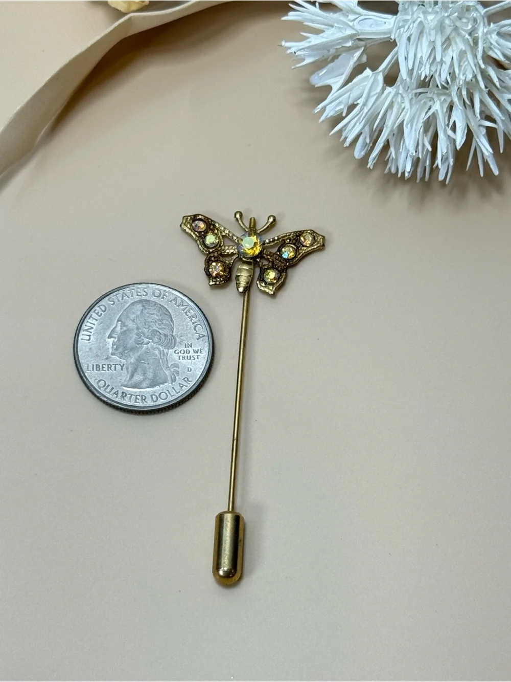 Vintage Gold Tone Butterfly Rhinestone Stick Pin Lapel Hat Scarf Pin
